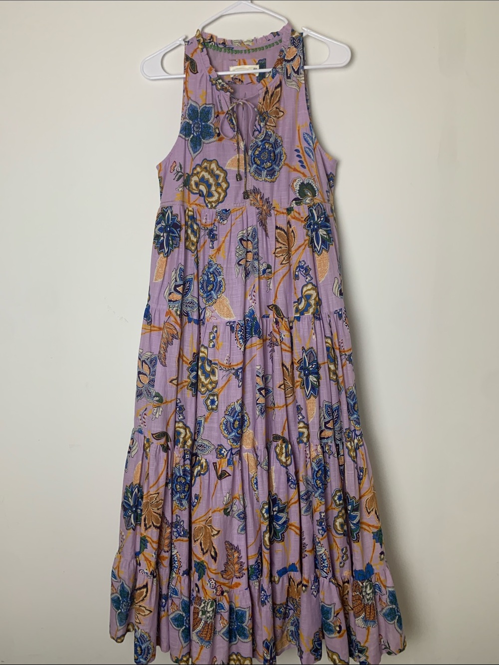 Anthropologie Lilac Floral Halter Style Tie-Neck Tiered Maxi Dress XS Diaz EUC